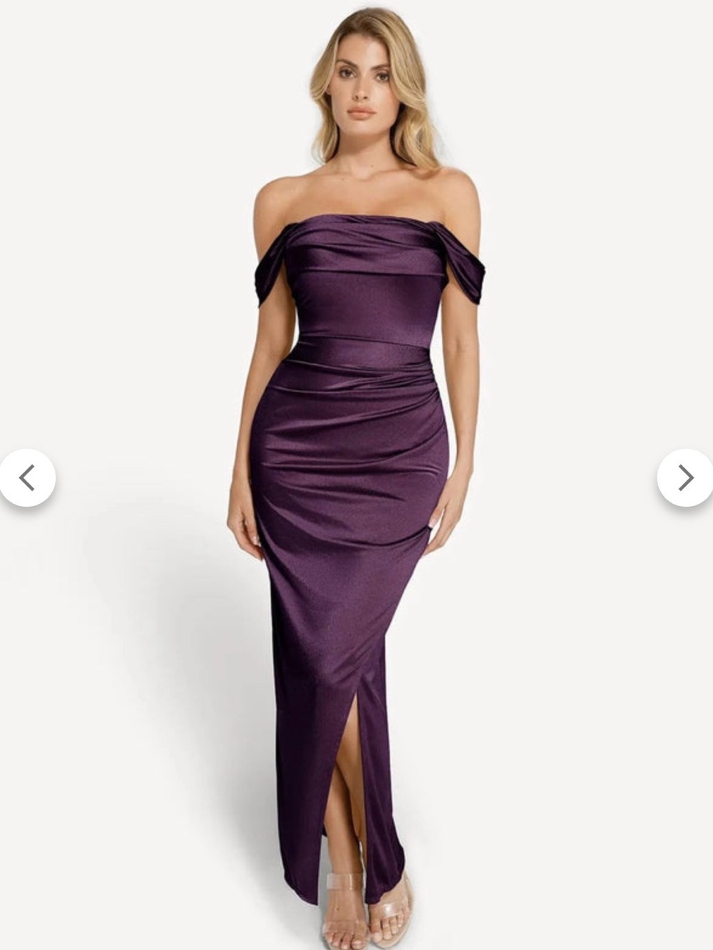 Off-Shoulder Satin Maxi Dress in Plum